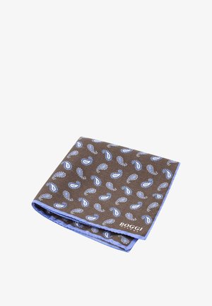 Bruine pochet met een paisleypatroon en blauwe accenten, gemaakt van stof met een gladde textuur. Merknamen "BOGGI" in één hoek weergegeven.