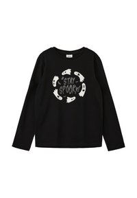 Zwarte longsleeve t-shirt met een ronde graphic met witte geesten en de tekst "STAY SPOOKY!" in het midden. Gemaakt van katoen.