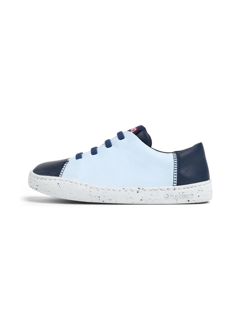 Light blue sneaker with navy accents, made of leather, featuring a white speckled sole, round toe, and blue laces.