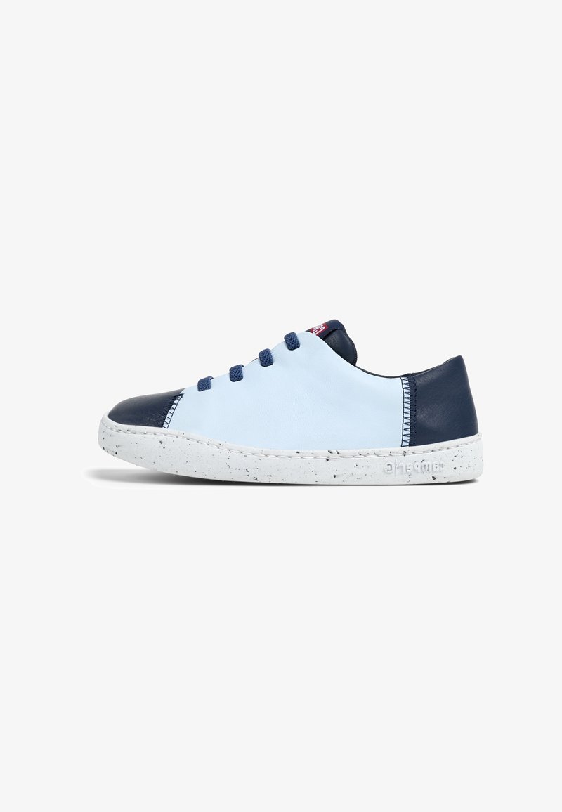 Light blue sneaker with navy accents, made of leather, featuring a white speckled sole, round toe, and blue laces.