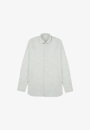 Heren overhemd met lange mouwen in lichtblauw en witte strepen. Beschikt over een kraag, knopen aan de voorkant en een rechte zoom met aangeknoopte manchetten.