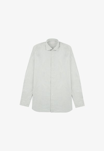 Męska koszula z długim rękawem w jasnoniebieskie i białe paski. Posiada kołnierzyk, guziki z przodu oraz prosty dół z zapinanymi mankietami.