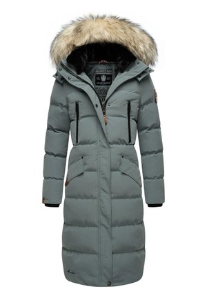 Padded long coat in muted gray with a faux fur-trimmed hood, zippered pockets, and leather accents. Textured fabric with stitched pattern.