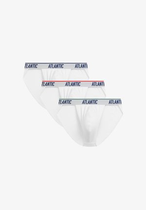 Trzy białe męskie slipy z elastycznymi pasami w paski w kolorach niebieskim, czerwonym i zielonym, każdy z logo "ATLANTIC".