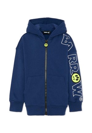 Sweat à capuche zippé bleu marine en matière douce. Présente un grand texte blanc "BARROW" et un bouton souriant jaune vif. Comprend des poches.