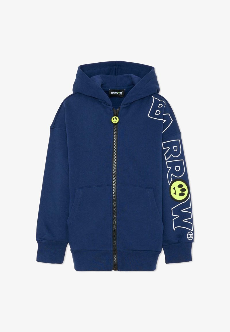 Felpa con cappuccio blu navy con zip, realizzata in materiale morbido. Presenta una grande scritta bianca "BARROW" e un dettaglio a bottone giallo brillante a forma di sorriso. Include tasche.