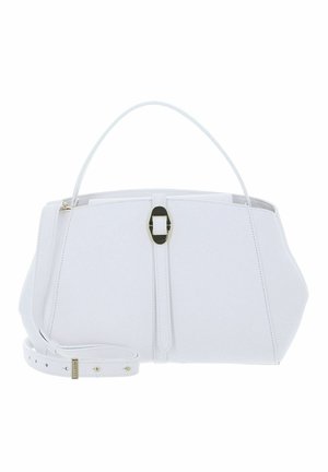 Sac à main en cuir blanc au design structuré, avec une bandoulière amovible, des accents en métal doré et une fermeture centrale à zipper.