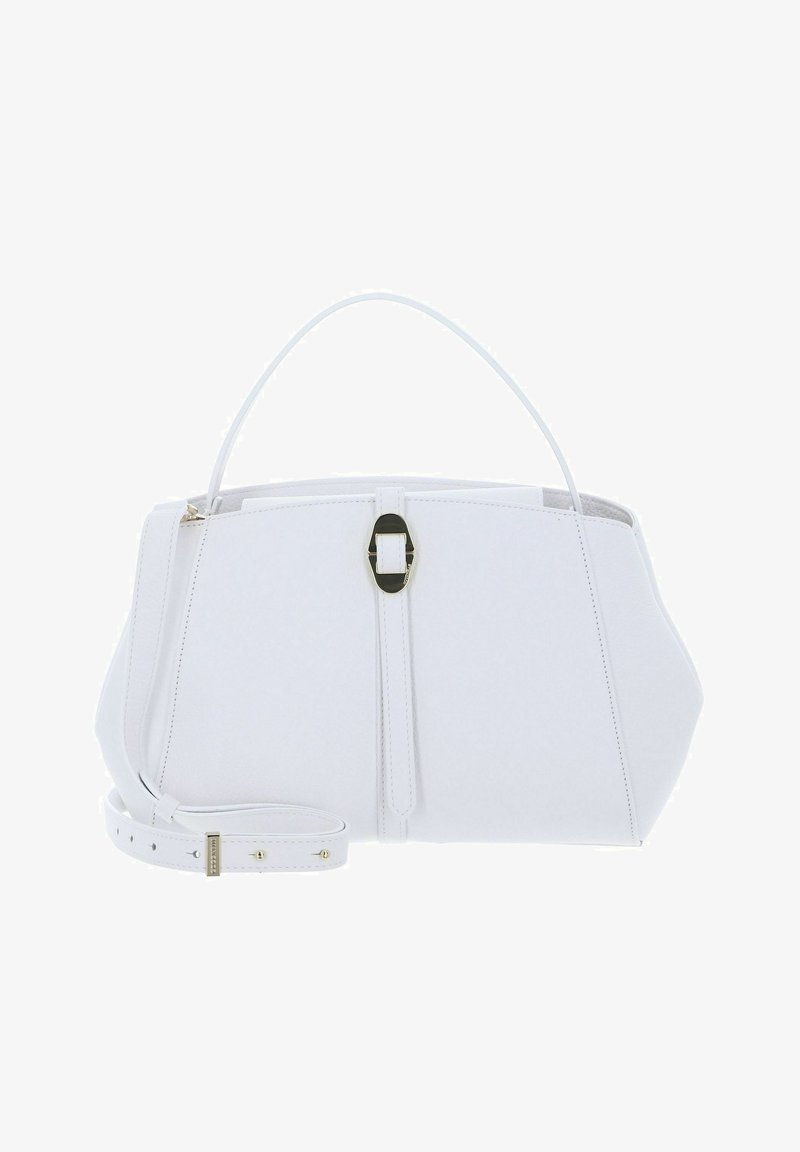 Sac à main en cuir blanc au design structuré, avec une bandoulière amovible, des accents en métal doré et une fermeture centrale à zipper.