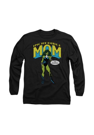 Black long-sleeve shirt featuring a cartoon character with green skin and curly hair, printed with "Incredible MOM" in bold yellow and blue text.