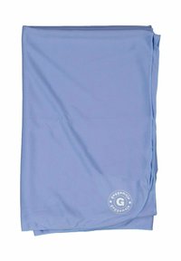 Light blue, textured blanket with a smooth finish, featuring a circular logo on one corner, rectangular shape, and softly draping fabric.