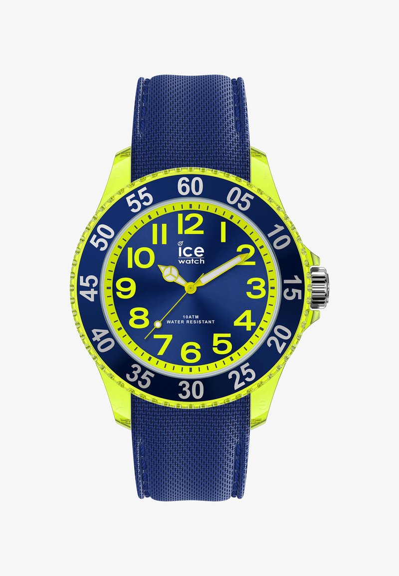 Armbanduhr mit einem blauen Silikonarmband, runder gelber Gehäuse, gelben und weißen Ziffern sowie einem blauen Zifferblatt. Wasserdicht bis 10 ATM.