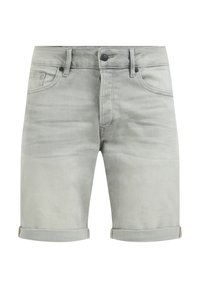 Grå denimshorts med uppvikt fåll, framfickor, knappstängning och subtil blekning. Mjuk textur och avslappnad design.