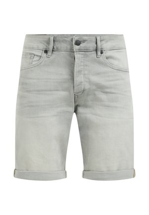 Grå denimshorts med ombukket kant, forlommer, knaplukning og subtilt slid. Blød tekstur og afslappet design.