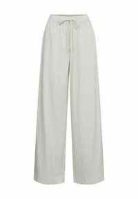 Pantaloni larghi verde chiaro realizzati in tessuto testurizzato, caratterizzati da una vita elastica con cordoncino e orli semplici.