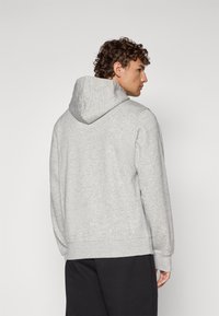 Grauer Kapuzenpullover mit weicher Textur, lockerer Passform und gerippten Bündchen. Er zeigt ein einfaches Design ohne sichtbare Logos oder Muster.