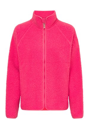 Chaqueta de forro polar en brillante rosa, con un cuello alto, cierre de cremallera frontal y textura suave. Presenta mangas raglán y cremallera en contraste.