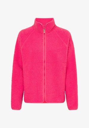 Fleecejakke i klar pink med høj krave, lynlås foran og blød tekstur. Har raglanærmer og kontrasterende lynlås.