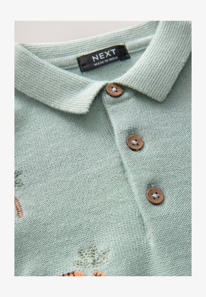 Tricou polo din țesătură tricotată verde deschis, cu guler ascuțit, trei nasturi maro și detalii delicate brodate. Etichetă de marcă vizibilă.