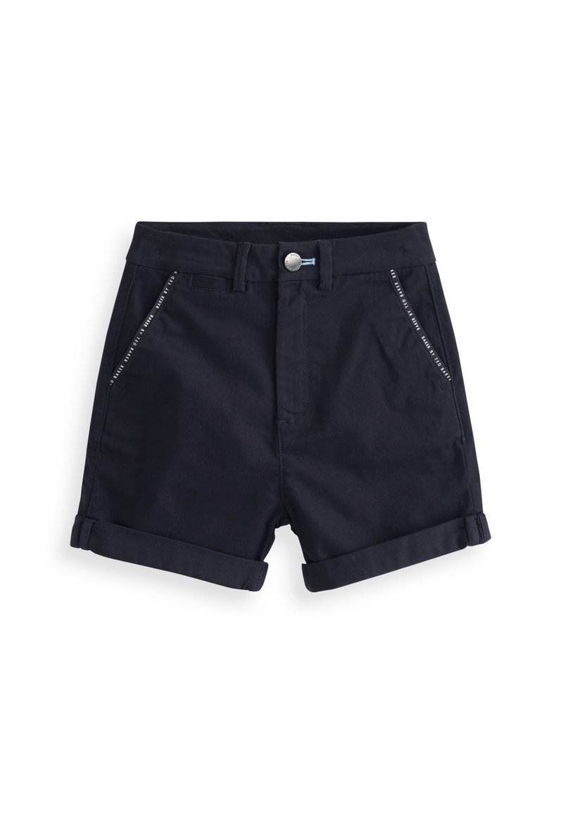 Pantaloni corti blu navy realizzati in cotone con orli arrotolati, dotati di due tasche frontali diagonali e chiusura con bottone in metallo.