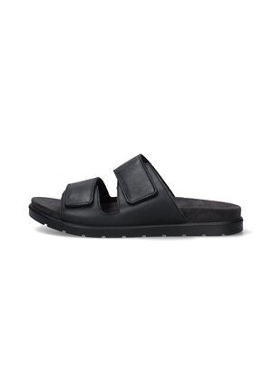 Sandalo nero slip-on con due larghe cinghie regolabili e suola piatta, progettato per un uso casual.