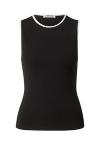 Schwarzes ärmelloses Top aus weichem Material mit rundem Halsausschnitt und weißem Saum. Enganliegende Form, glatte Textur und keine sichtbaren Muster.