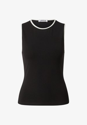 Haut sans manches noir en matériau doux, avec un col rond et une bordure blanche. Forme ajustée, texture lisse et sans motifs visibles.