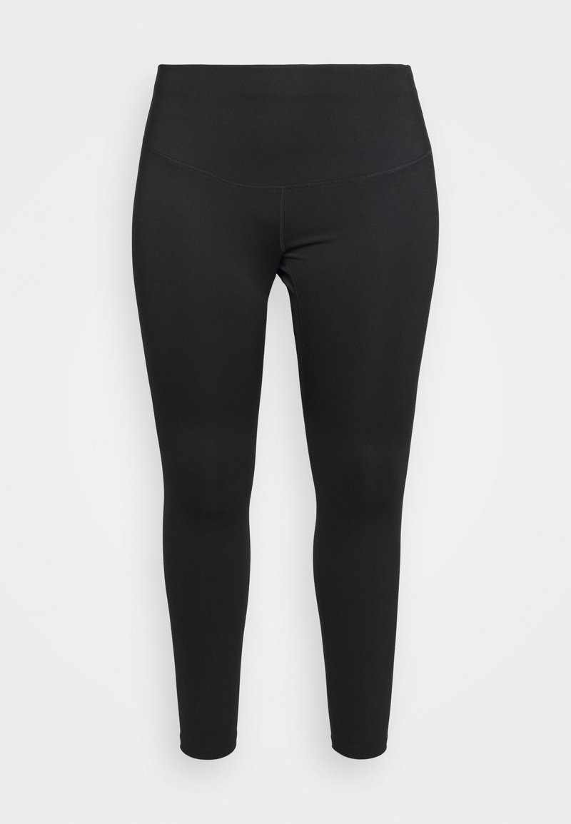 Svarta höga träningsleggings för kvinnor med en slät yta och figurnära ankellängd mot en vit bakgrund.