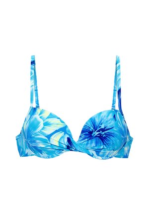 Blue floral padded bra with thin adjustable straps, featuring large light and dark blue flower patterns on a white background.
