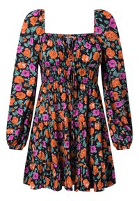 Robe fleurie avec un fond noir orné de roses orange et roses vives, manches longues bouffantes, encolure carrée et jupe à volants.