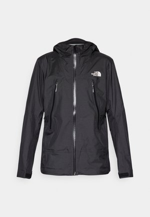 Juodas vandeniui atsparus džemperis su gobtuvu, pasižymintis priekiniais užtrauktukais, dviem užtrauktukais uždaromomis kišenėmis ir logotipu ant krūtinės. Lygus tekstūra, lengvas dizainas.