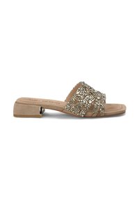 Beige slide sandalen met een lage blokhak en brede riem, versierd met zilveren en doorzichtige rhinestones, met een zachte suede textuur.