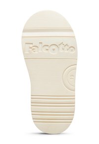 Kremowa podeszwa buta z gumy z poziomymi rowkami, okrągłym logo i widocznym embosowanym napisem "Falcotto".