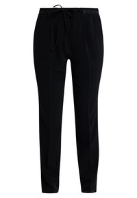 Schwarze, leichte Hosen mit elastischem Bund, Kordelzug, zwei Seitentaschen und schmal zulaufendem Beinschnitt. Glatte Stofftextur.