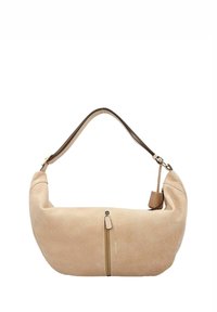 Borsa a spalla in pelle beige con forma arrotondata, superficie testurizzata, chiusura con zip frontale e tracolla liscia di colore contrastante.