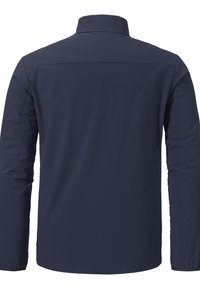 Marineblaues Jackett mit langen Ärmeln, hohem Kragen und glatter, matter Oberfläche. Verfügt über einen geraden Schnitt und keine sichtbaren Beschläge oder Muster.