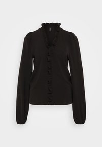 Black long-sleeve blouse with a V-neckline, ruffled front, textured fabric, and fitted cuffs. Features a soft, lightweight design.