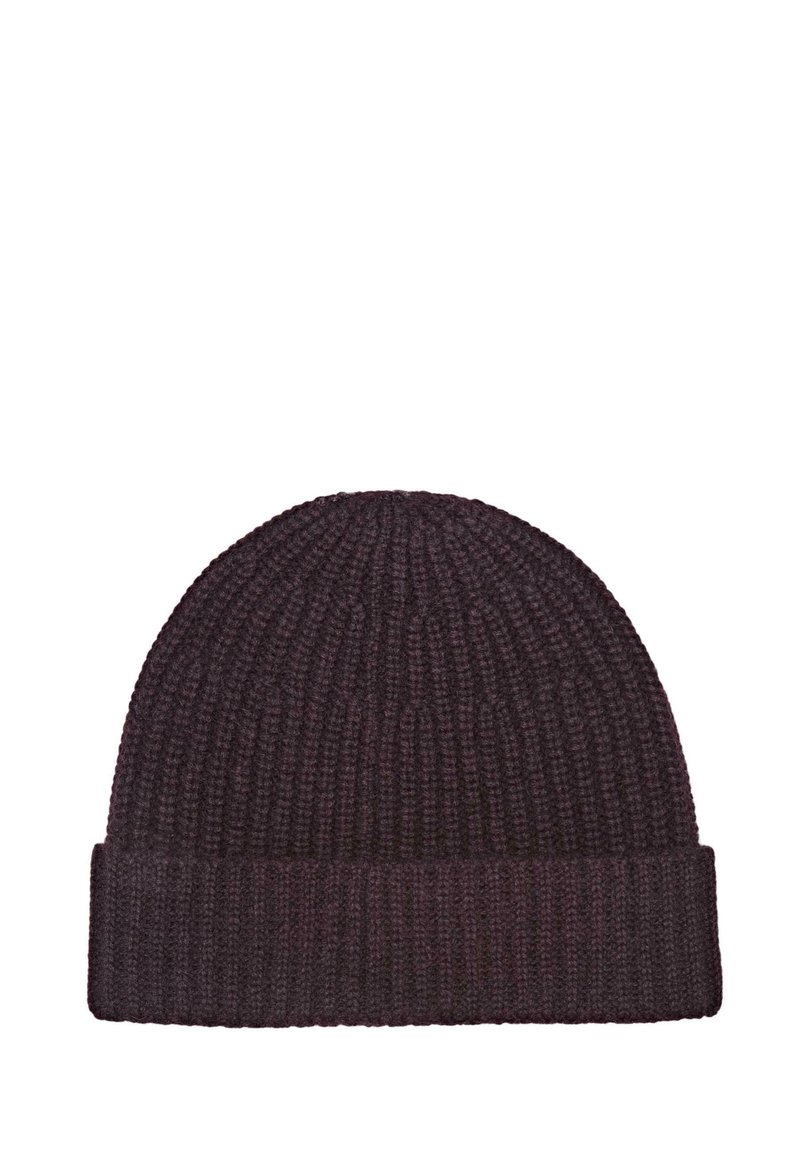 Czapka dzianinowa w ciemnym burgundzie, z prążkowaną strukturą, okrągłym wierzchem i złożonym mankuszem, pozwalającym na regulację dopasowania.