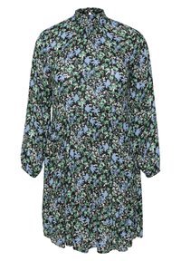 Vestido negro con flores de manga larga, cuello alto y ajuste holgado. Presenta un patrón de flores azules y verdes sobre un fondo oscuro.
