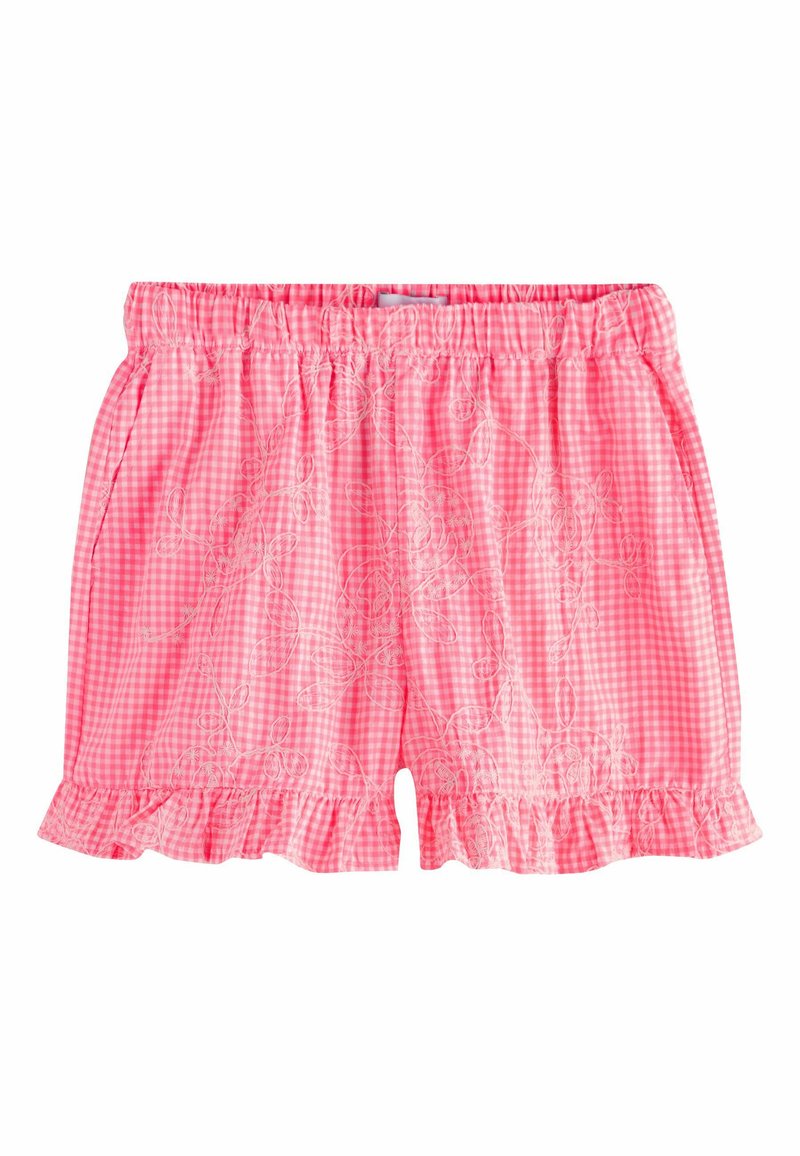 Lyserøde gingham-shorts med elastisk talje, flæsekant og blomsterbroderi detaljer. Letvægtsstof med en glat tekstur.