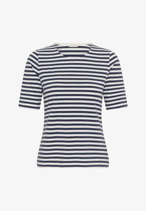 T-shirt à manches courtes bleu marine et blanc à rayures horizontales, avec un col rond, présenté sur un fond blanc.