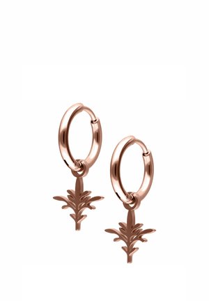 Rose gold hoop earrings with dangling stylized leaf-shaped charms on a white background.