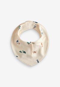Bavoir bandana en coton crème avec des imprimés multicolores d'animaux et d'arbres. Doté d'une fermeture à pression pour un enfilage facile. Forme triangulaire.
