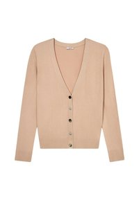 Ljusbeige kofta med djup V-hals, långa ärmar, ribbade muddar och en fem-knapplåsning med rundade, dekorativa knappar.