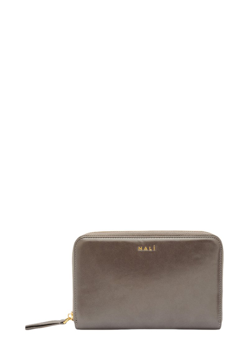 Gray leather wallet with a smooth texture, zip closure, and gold branding. Features a slim rectangular shape and a detachable tag.