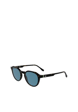 Ochelari de soare tortoiseshell negri cu lentile albastre, formă rotundă și un accent subtil de verde pe braț. Material plastic neted, design modern.
