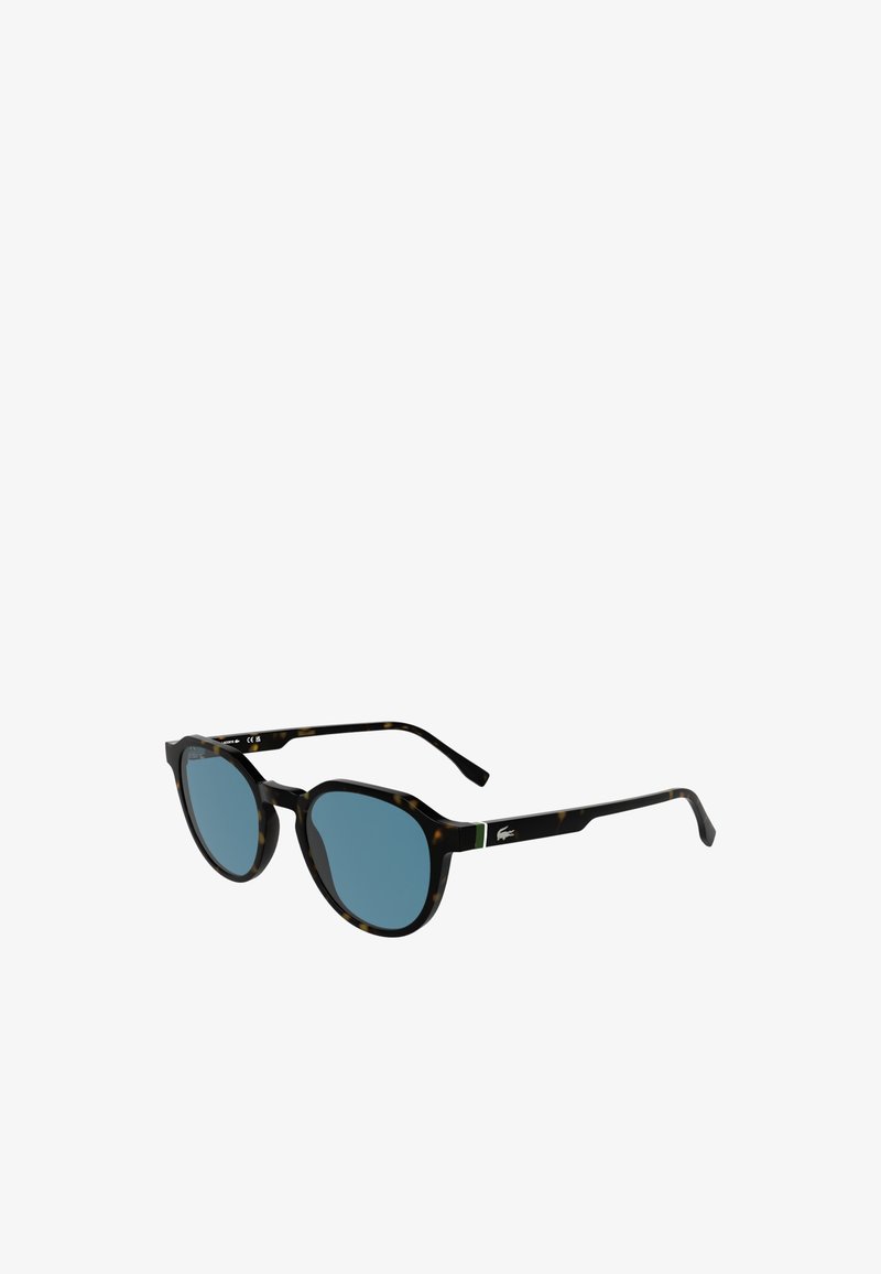 Mustad kilpkonnakujulised prillid siniste klaasidega, ümmargune kuju ja peene rohelise aktsendiga varrel. Sile plastmaterjal, modernne disain.