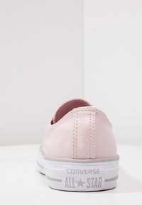Růžová kožená teniska Converse s nízkým profilem, bílou gumovou podrážkou a šedými akcenty. Pohled zezadu ukazuje detaily šití a logo značky.