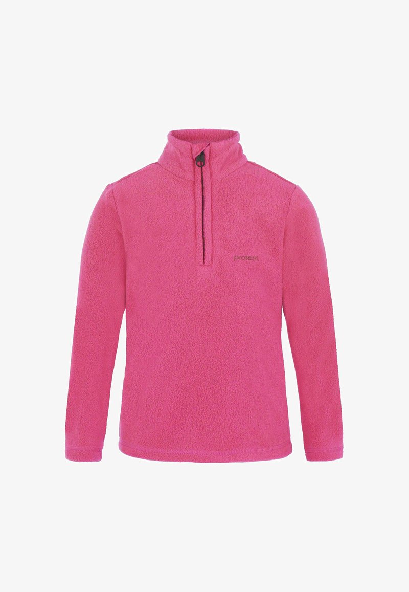 Pullover in pile rosa con collo a mezza zip, maniche lunghe e tessuto strutturato. Presenta un logo discreto sul davanti.