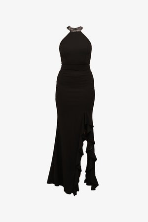 Schwarzes Halfterkleid mit verziertem Ausschnitt, tailliertem Oberteil und Rüschendetail an der Seite, ausgestattet mit einem bodenlangen Rock und einem hohen Schlitz bis zum Oberschenkel.