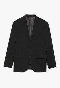 Schwarze Jacke mit rechtem Revers, zwei Knöpfen und zwei Vordertaschen. Glattes Gewebe mit subtiler Glanz und einer einzelnen Brusttasche.